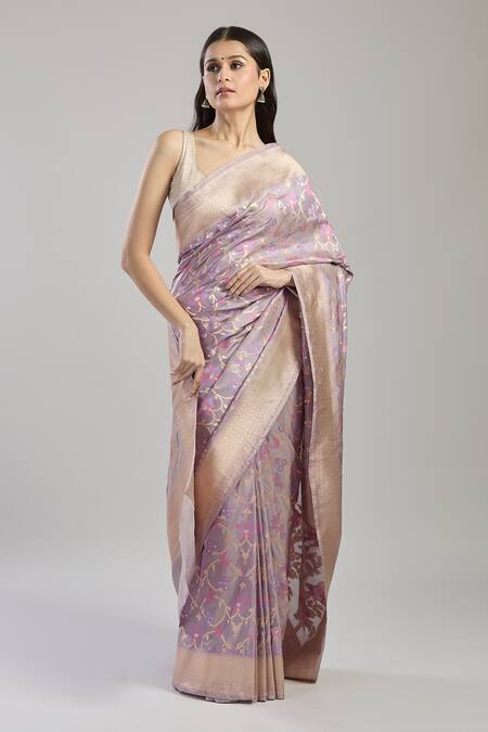 Buy_Mint N Oranges_Purple Silk Embroidery Mauve Flower Vine Hand Woven Saree _Online_at_Aza_Fashions