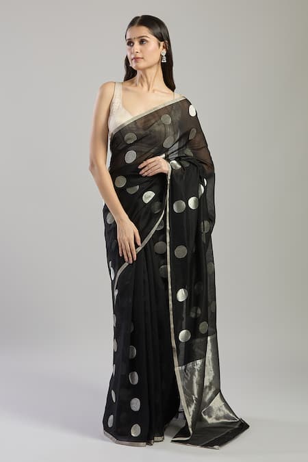 Mint N Oranges_Black Chanderi Zari Polka Dot Saree _Online_at_Aza_Fashions