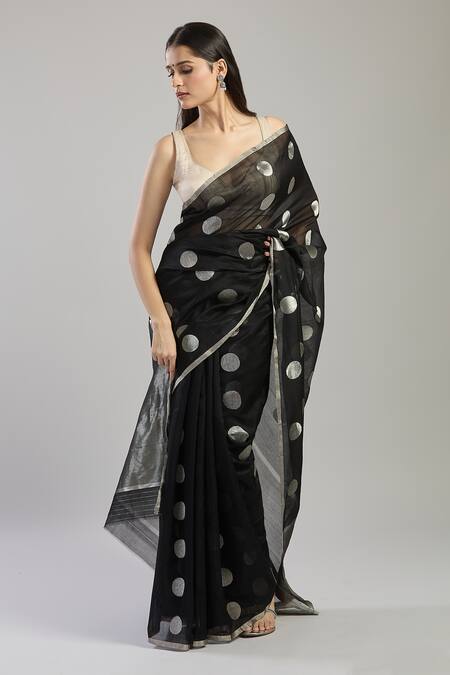Buy_Mint N Oranges_Black Chanderi Zari Polka Dot Saree _Online_at_Aza_Fashions