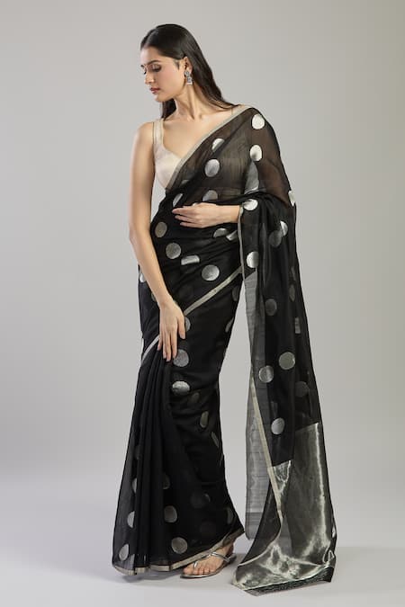 Shop_Mint N Oranges_Black Chanderi Zari Polka Dot Saree _Online_at_Aza_Fashions