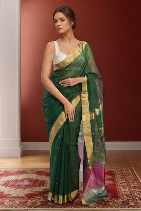 Mint N Oranges Tree Hand Woven Saree With Unstitched Blouse Piece 