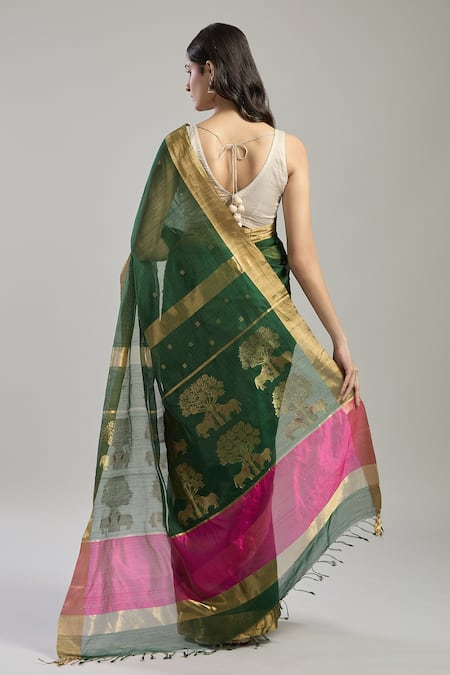 Mint N Oranges Hand Woven Green Saree With Blouse Piece 