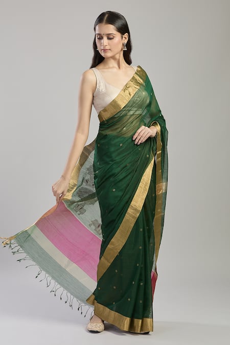 Mint N Oranges_Green Chanderi Embroidery Hand Woven Saree With Blouse Piece _Online_at_Aza_Fashions