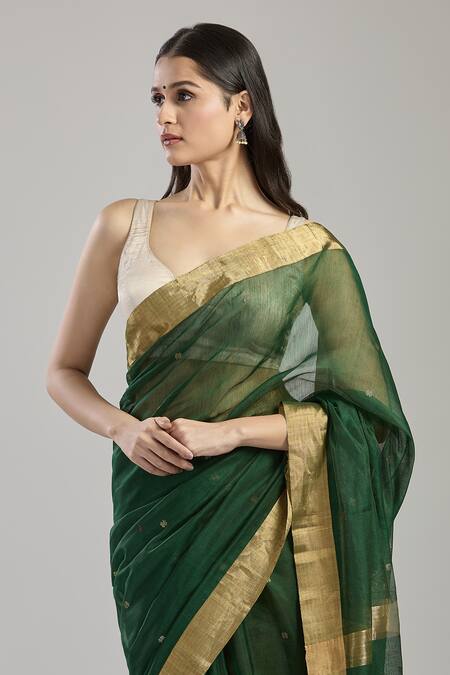 Buy_Mint N Oranges_Green Chanderi Embroidery Hand Woven Saree With Blouse Piece _Online_at_Aza_Fashions