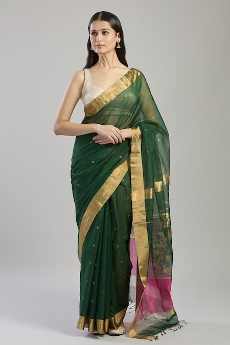 Mint N Oranges_Green Chanderi Embroidery Hand Woven Saree With Blouse Piece _at_Aza_Fashions