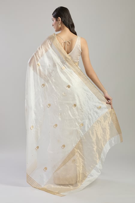 Shop_Mint N Oranges_White Chanderi Silk Embroidery Flower Hand Woven Saree _at_Aza_Fashions
