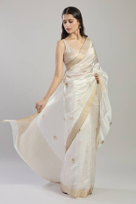 Buy_Mint N Oranges_White Chanderi Silk Embroidery Flower Hand Woven Saree _Online_at_Aza_Fashions