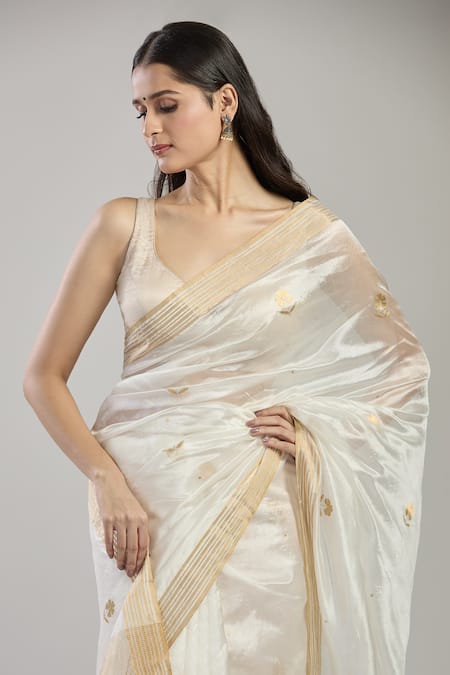 Shop_Mint N Oranges_White Chanderi Silk Embroidery Flower Hand Woven Saree _Online_at_Aza_Fashions