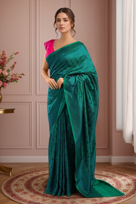 Mint N Oranges Flower Woven Saree With Unstitched Blouse Piece 