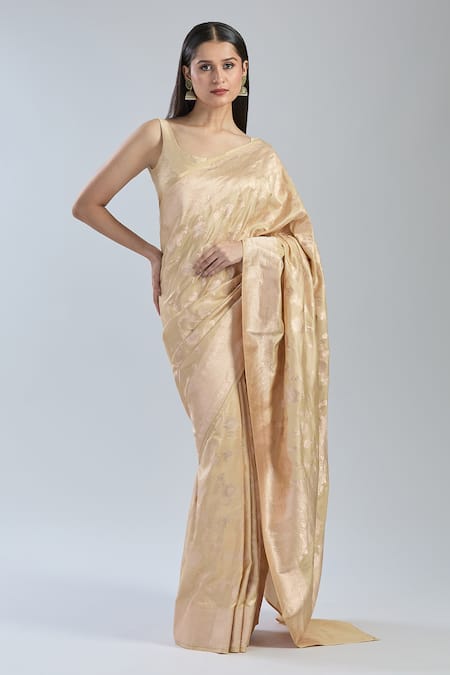 Mint N Oranges Beige Silk Embroidery Botanical Hand Woven Saree Online at Aza Fashions Mint N Oranges_Beige Silk Embroidery Botanical Hand Woven Saree_Online_at_Aza_Fashions