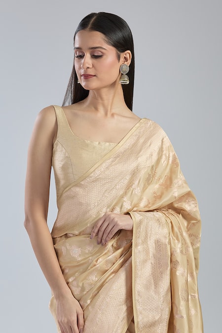 Shop Mint N Oranges Beige Silk Embroidery Botanical Hand Woven Saree Online at Aza Fashions Shop_Mint N Oranges_Beige Silk Embroidery Botanical Hand Woven Saree_Online_at_Aza_Fashions