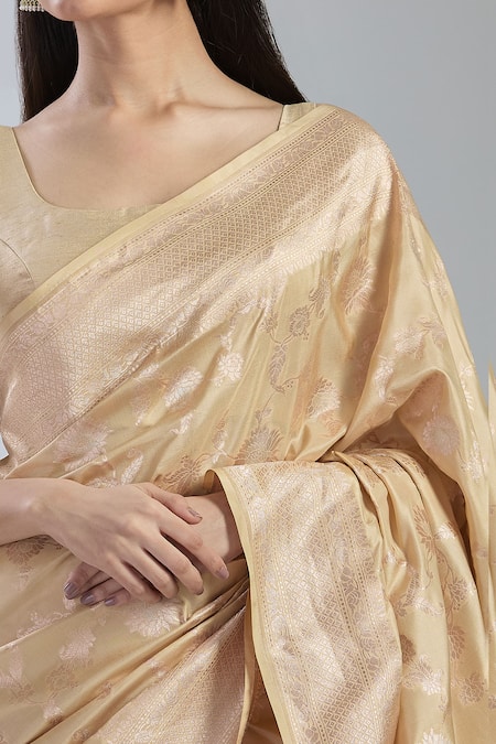 Mint N Oranges Beige Silk Embroidery Botanical Hand Woven Saree at Aza Fashions Mint N Oranges_Beige Silk Embroidery Botanical Hand Woven Saree_at_Aza_Fashions