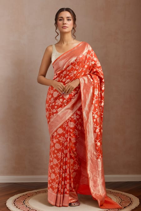 Mint N Oranges Flower Vine Woven Saree With Unstitched Blouse Piece 