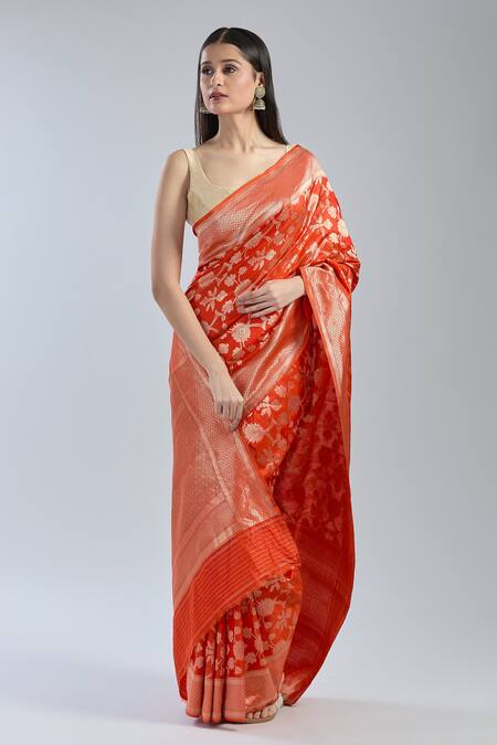 Mint N Oranges_Red Silk Embroidery Flower Vine Woven Saree _Online_at_Aza_Fashions