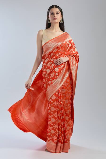 Buy_Mint N Oranges_Red Silk Embroidery Flower Vine Woven Saree _Online_at_Aza_Fashions