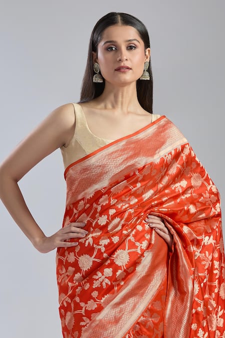 Shop_Mint N Oranges_Red Silk Embroidery Flower Vine Woven Saree _Online_at_Aza_Fashions