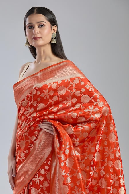 Mint N Oranges_Red Silk Embroidery Flower Vine Woven Saree _at_Aza_Fashions