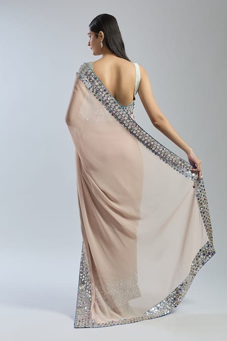 Mint N Oranges Beige Sequin Embroidered Saree Set 