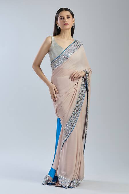 Mint N Oranges Beige Georgette Sequins Round Neck Embroidered Saree Set Online at Aza Fashions Mint N Oranges_Beige Georgette Sequins Round Neck Embroidered Saree Set _Online_at_Aza_Fashions