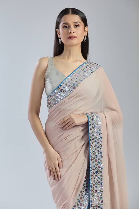 Buy Mint N Oranges Beige Georgette Sequins Round Neck Embroidered Saree Set Online at Aza Fashions Buy_Mint N Oranges_Beige Georgette Sequins Round Neck Embroidered Saree Set _Online_at_Aza_Fashions