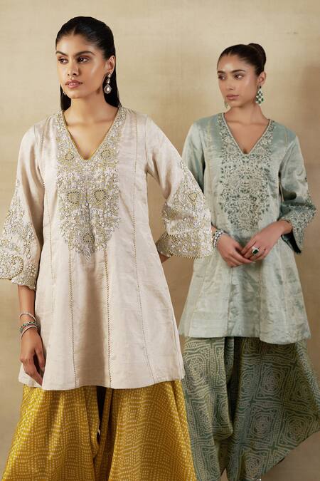 Buy Shalkii Ivory Tissue, Handloom Cotton Pearls, Cutdana Embroidered Kurta And Dhoti Pant Set Buy_Shalkii_Ivory Tissue, Handloom Cotton Pearls, Cutdana Embroidered Kurta And Dhoti Pant Set