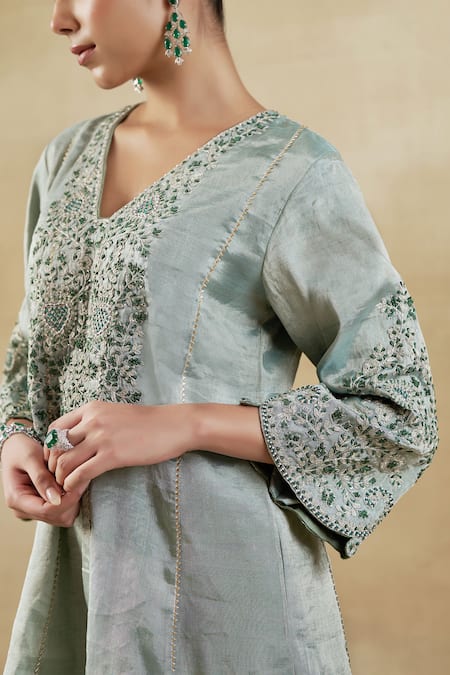 Shalkii Green Tissue, Handloom Cotton Cut Floral Embroidered Kurta And Dhoti Pant Set Online at Aza Fashions Shalkii_Green Tissue, Handloom Cotton Cut Floral Embroidered Kurta And Dhoti Pant Set _Online_at_Aza_Fashions