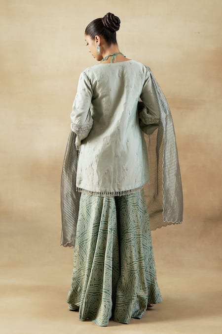 Shop Shalkii Green Handloom Cotton, Tissue Pearls, Geometric Embroidered Kurta Gharara Set at Aza Fashions Shop_Shalkii_Green Handloom Cotton, Tissue Pearls, Geometric Embroidered Kurta Gharara Set _at_Aza_Fashions