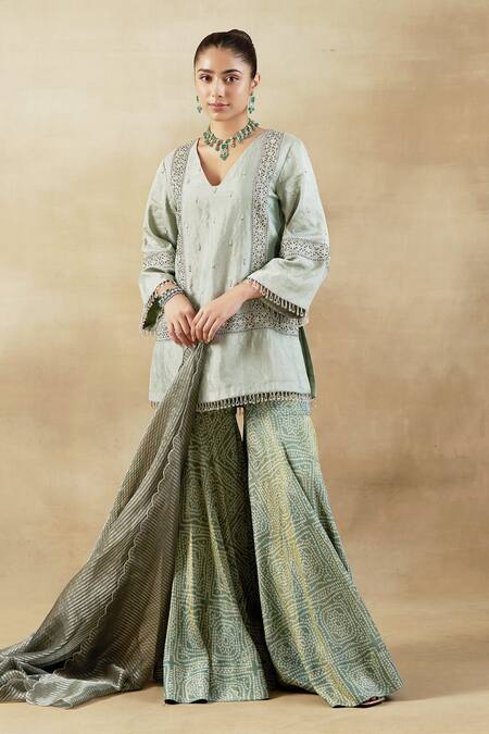 Shalkii Green Handloom Cotton, Tissue Pearls, Geometric Embroidered Kurta Gharara Set Online at Aza Fashions Shalkii_Green Handloom Cotton, Tissue Pearls, Geometric Embroidered Kurta Gharara Set _Online_at_Aza_Fashions