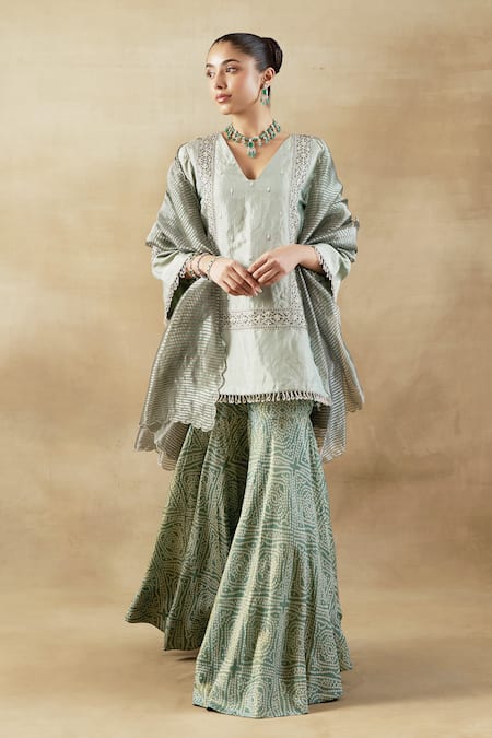 Shop Shalkii Green Handloom Cotton, Tissue Pearls, Geometric Embroidered Kurta Gharara Set Online at Aza Fashions Shop_Shalkii_Green Handloom Cotton, Tissue Pearls, Geometric Embroidered Kurta Gharara Set _Online_at_Aza_Fashions