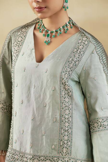 Shalkii Green Handloom Cotton, Tissue Pearls, Geometric Embroidered Kurta Gharara Set at Aza Fashions Shalkii_Green Handloom Cotton, Tissue Pearls, Geometric Embroidered Kurta Gharara Set _at_Aza_Fashions