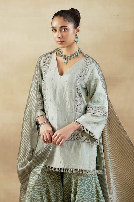 Buy Shalkii Green Handloom Cotton, Tissue Pearls, Geometric Embroidered Kurta Gharara Set Buy_Shalkii_Green Handloom Cotton, Tissue Pearls, Geometric Embroidered Kurta Gharara Set