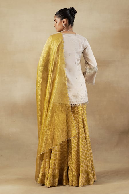 Shop Shalkii Ivory Handloom Cotton, Chiffon Cut Work, Zardozi Embroidered Kurta Gharara Set at Aza Fashions Shop_Shalkii_Ivory Handloom Cotton, Chiffon Cut Work, Zardozi Embroidered Kurta Gharara Set _at_Aza_Fashions