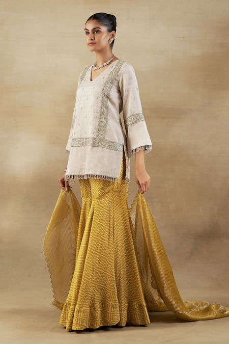 Buy Shalkii Ivory Handloom Cotton, Chiffon Cut Work, Zardozi Embroidered Kurta Gharara Set Online at Aza Fashions Buy_Shalkii_Ivory Handloom Cotton, Chiffon Cut Work, Zardozi Embroidered Kurta Gharara Set _Online_at_Aza_Fashions