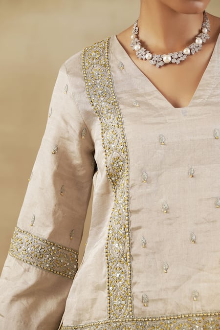 Shop Shalkii Ivory Handloom Cotton, Chiffon Cut Work, Zardozi Embroidered Kurta Gharara Set Online at Aza Fashions Shop_Shalkii_Ivory Handloom Cotton, Chiffon Cut Work, Zardozi Embroidered Kurta Gharara Set _Online_at_Aza_Fashions