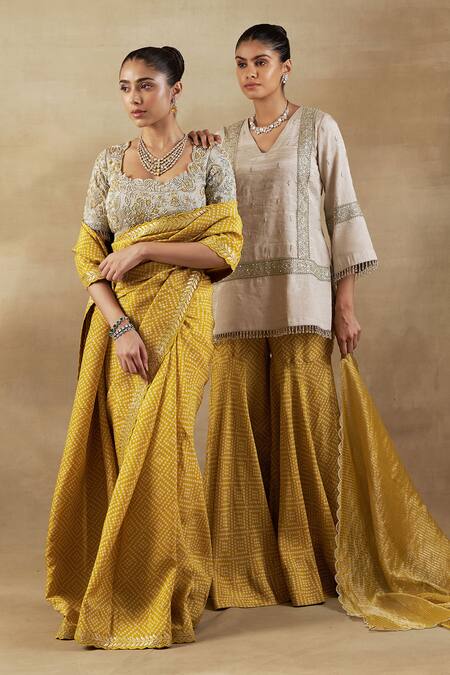 Buy Shalkii Ivory Handloom Cotton, Chiffon Cut Work, Zardozi Embroidered Kurta Gharara Set Buy_Shalkii_Ivory Handloom Cotton, Chiffon Cut Work, Zardozi Embroidered Kurta Gharara Set