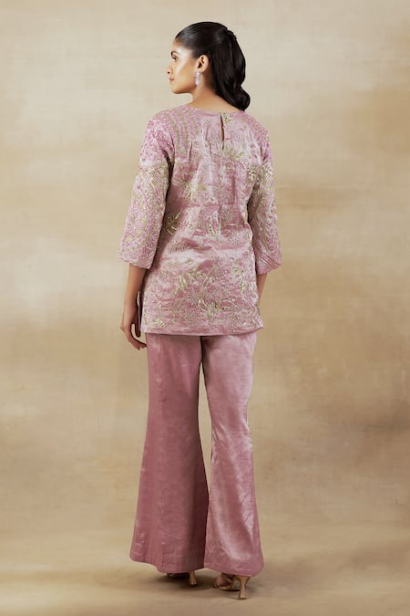 Shop Shalkii Pink Handloom Cotton, Tissue Cut Work, Garden Embroidered Kurta And Pant Set at Aza Fashions Shop_Shalkii_Pink Handloom Cotton, Tissue Cut Work, Garden Embroidered Kurta And Pant Set _at_Aza_Fashions