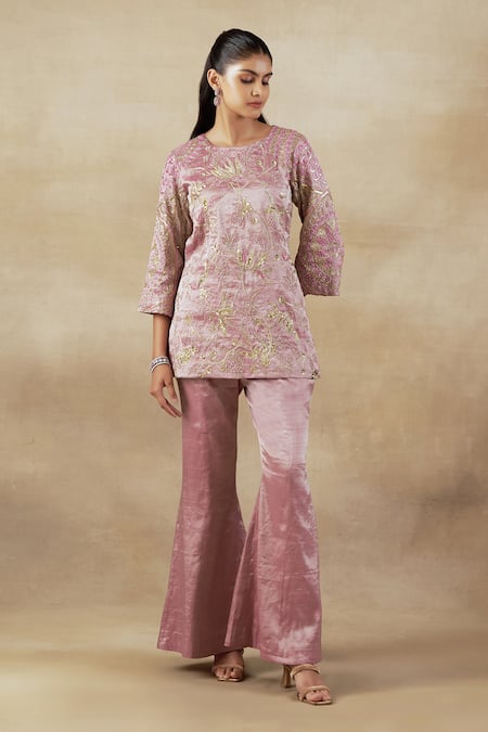Shalkii Pink Handloom Cotton, Tissue Cut Work, Garden Embroidered Kurta And Pant Set Online at Aza Fashions Shalkii_Pink Handloom Cotton, Tissue Cut Work, Garden Embroidered Kurta And Pant Set _Online_at_Aza_Fashions