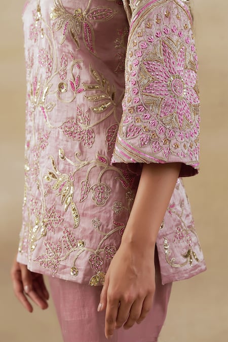 Shop Shalkii Pink Handloom Cotton, Tissue Cut Work, Garden Embroidered Kurta And Pant Set Online at Aza Fashions Shop_Shalkii_Pink Handloom Cotton, Tissue Cut Work, Garden Embroidered Kurta And Pant Set _Online_at_Aza_Fashions
