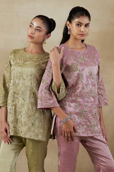 Shalkii Pink Handloom Cotton, Tissue Cut Work, Garden Embroidered Kurta And Pant Set at Aza Fashions Shalkii_Pink Handloom Cotton, Tissue Cut Work, Garden Embroidered Kurta And Pant Set _at_Aza_Fashions