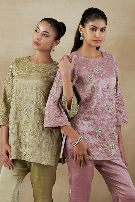 Shop_Shalkii_Green Handloom Cotton Cut Work, Garden Embroidered Kurta And Bell Bottom Pant Set _Online_at_Aza_Fashions