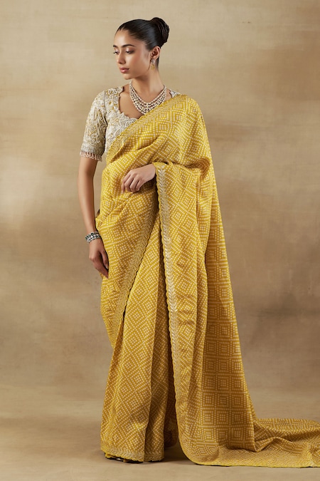 Shalkii Yellow Tissue, Handloom Cotton Embroidery Bandhani Woven Saree And Floral Blouse 