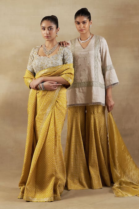 Shalkii Yellow Tissue, Handloom Cotton Embroidery Bandhani Woven Saree And Floral Blouse Online at Aza Fashions Shalkii_Yellow Tissue, Handloom Cotton Embroidery Bandhani Woven Saree And Floral Blouse _Online_at_Aza_Fashions