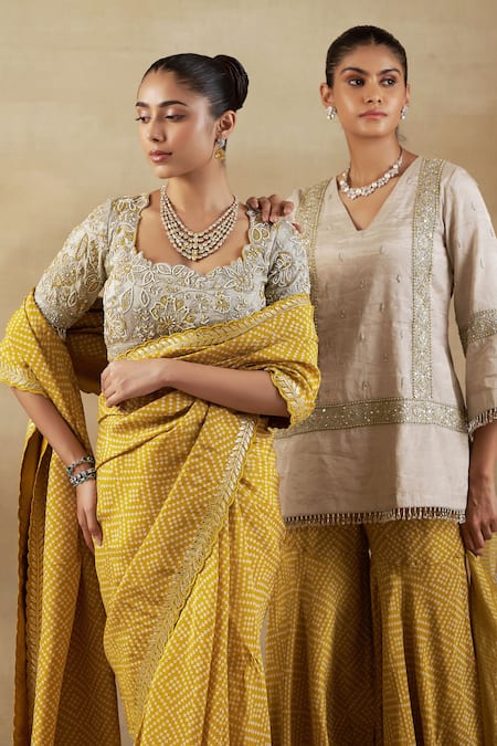 Buy Shalkii Yellow Tissue, Handloom Cotton Embroidery Bandhani Woven Saree And Floral Blouse Online at Aza Fashions Buy_Shalkii_Yellow Tissue, Handloom Cotton Embroidery Bandhani Woven Saree And Floral Blouse _Online_at_Aza_Fashions
