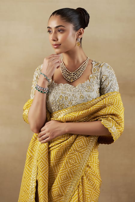 Shop Shalkii Yellow Tissue, Handloom Cotton Embroidery Bandhani Woven Saree And Floral Blouse Online at Aza Fashions Shop_Shalkii_Yellow Tissue, Handloom Cotton Embroidery Bandhani Woven Saree And Floral Blouse _Online_at_Aza_Fashions