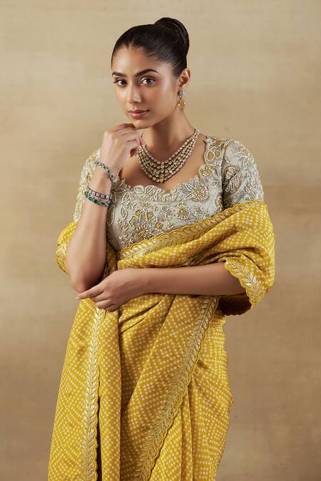 Shalkii Yellow Tissue, Handloom Cotton Embroidery Bandhani Woven Saree And Floral Blouse at Aza Fashions Shalkii_Yellow Tissue, Handloom Cotton Embroidery Bandhani Woven Saree And Floral Blouse _at_Aza_Fashions