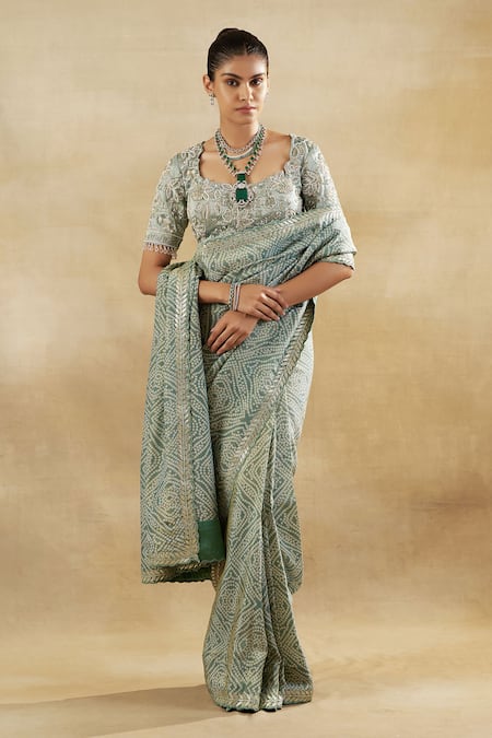 Shalkii_Green Handloom Cotton, Tissue Embroidery Square Neck Floral Bandhani Saree Set _Online_at_Aza_Fashions