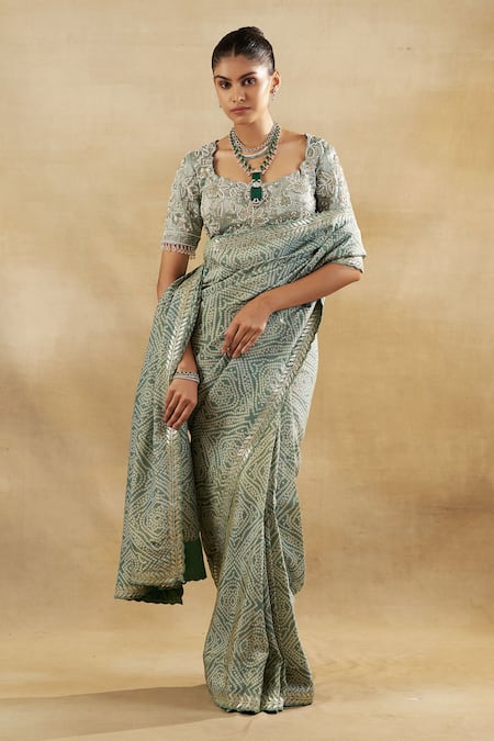 Buy_Shalkii_Green Handloom Cotton, Tissue Embroidery Square Neck Floral Bandhani Saree Set _Online_at_Aza_Fashions
