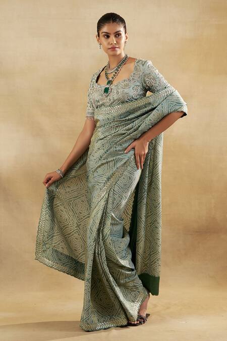 Shalkii_Green Handloom Cotton, Tissue Embroidery Square Neck Floral Bandhani Saree Set _at_Aza_Fashions
