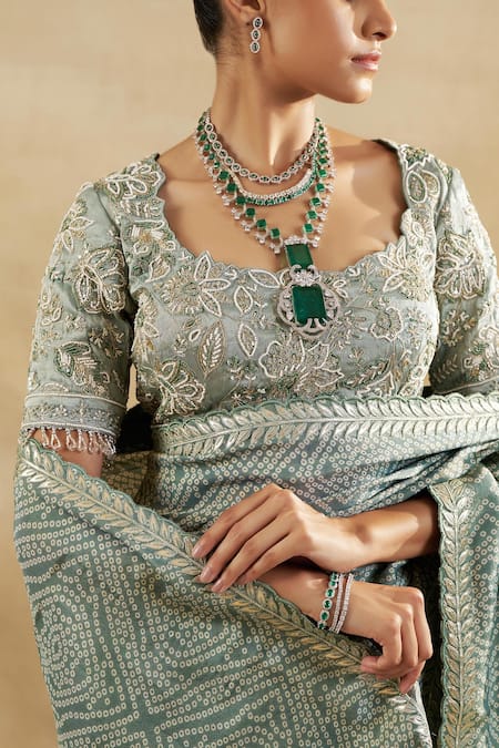 Buy_Shalkii_Green Handloom Cotton, Tissue Embroidery Square Neck Floral Bandhani Saree Set 