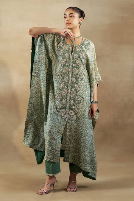 Shop Shalkii Green Silk, Tissue Embroidery Split V-neck Bandhani Woven Kaftan And Pant Set at Aza Fashions Shop_Shalkii_Green Silk, Tissue Embroidery Split V-neck Bandhani Woven Kaftan And Pant Set _at_Aza_Fashions